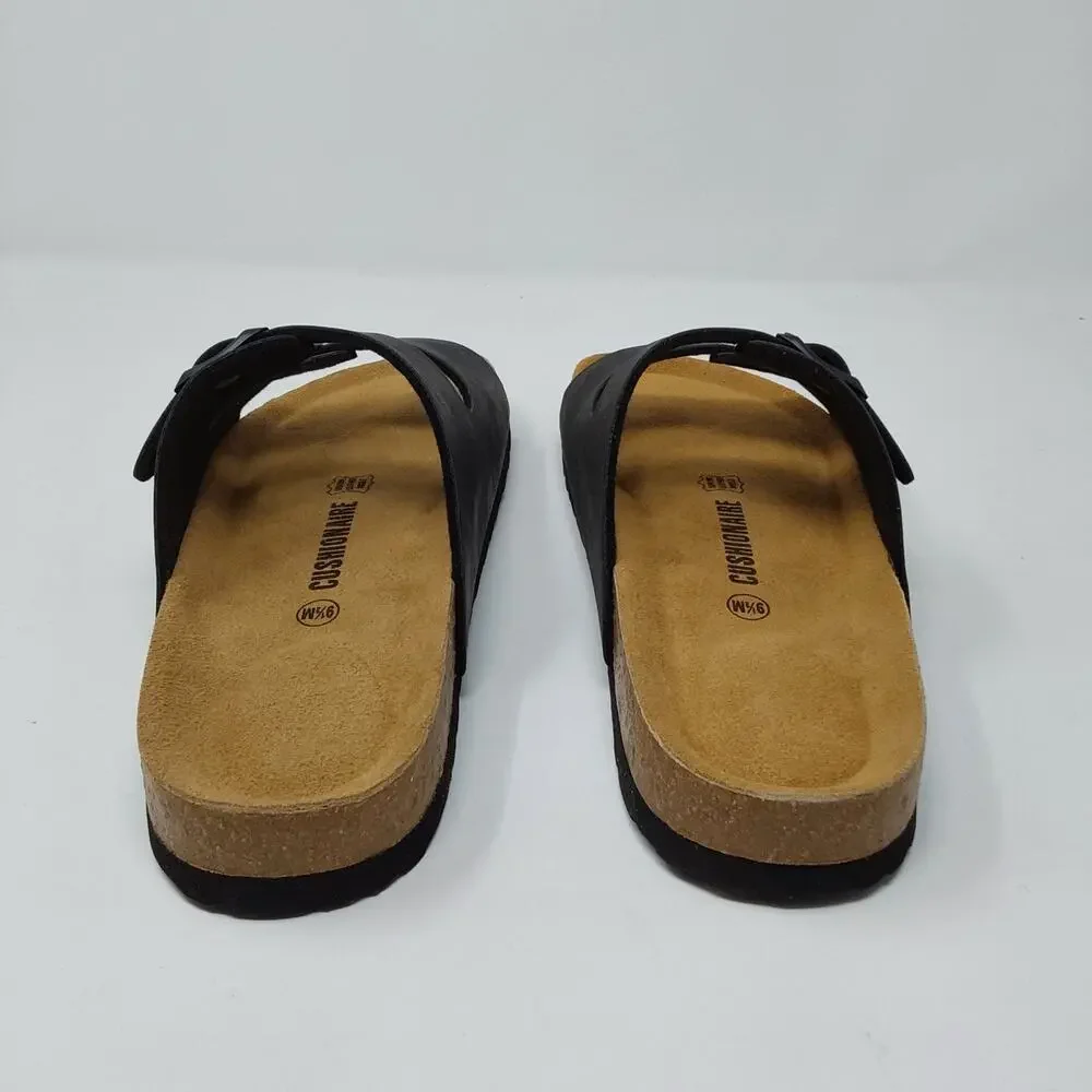 Cushionaire Lane Womens 9.5 Black Nubuck Leather Footbed Slide Sandals